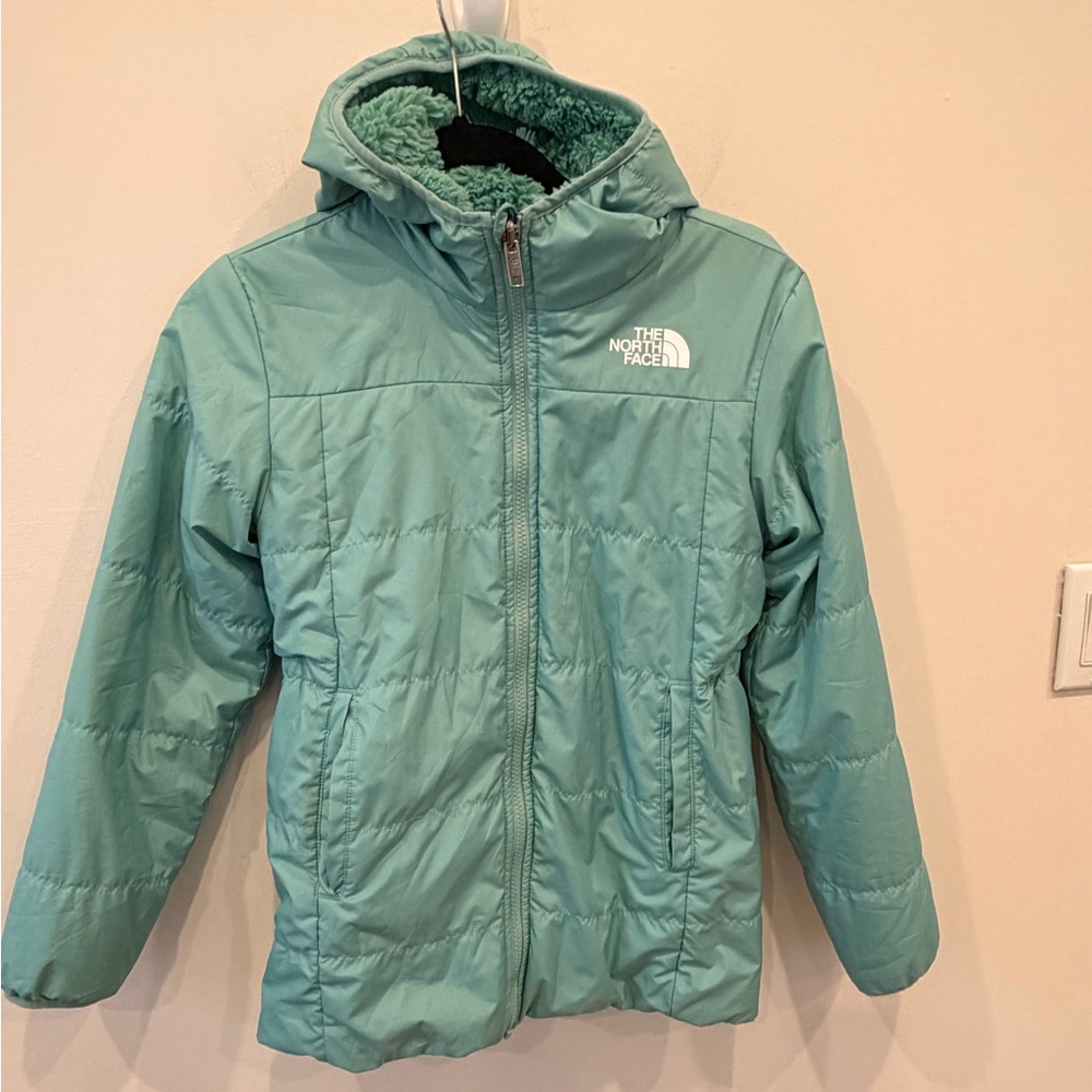The North Face Girls Reversible Mint Hooded Jacket Fleece Coat L